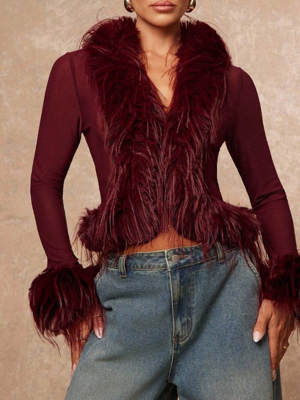 Burgundy Casual Women's Elegant Party Night Top - Picture 4 of 8
